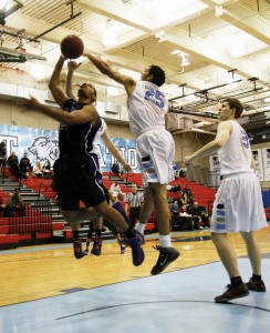 Even junior Jordan Ortega had trouble getting to the rim against Baruch on Saturday. Photo by Jeff Weisinger
