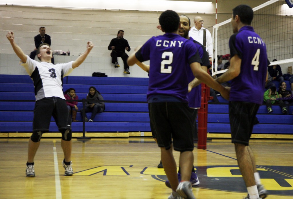 CCNY celebrates their third win in the last four matches after narrowly defeating John Jay Thursday night. Photo by Jeff Weisinger