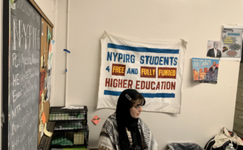 woman sits at desk with nypirg banner on wall