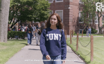 Emanuela Troianiello, a Brooklyn College senior, strolls campus in her commercial during Super Bowl 60.