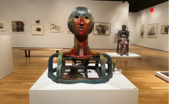 A sculpture from June Leaf’s Shooting from the Heart on display at The Grey Art Museum, New York University’s fine arts museum.