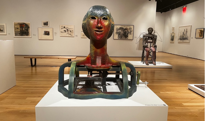 A sculpture from June Leaf’s Shooting from the Heart on display at The Grey Art Museum, New York University’s fine arts museum.