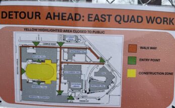 A posted map showing alternative routes to walk around the construction zone.