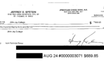 Check made out by Jeffery Epstein to John Jay College in August 2009.
