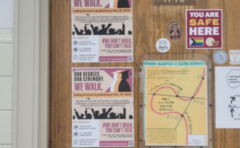 Posters in Ingersoll Hall, listing the demands of seniors to walk during commencement.