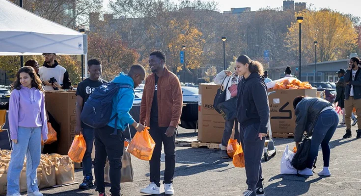 Lehman students in line at the Lehman College Food Bank.